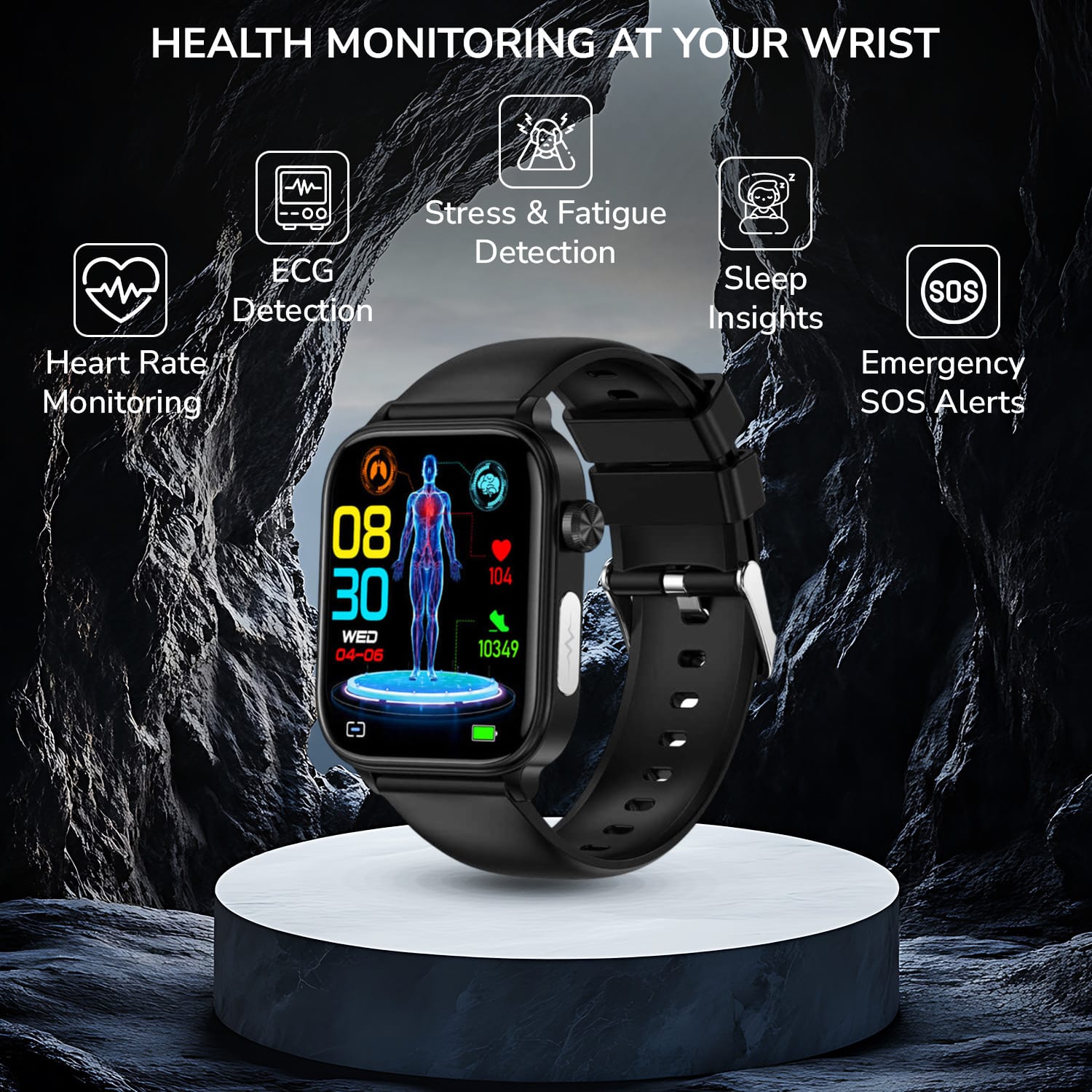 RAKSHAK E series ECG Health Smart Watch 1.96 Inch Full Touch Large Screen Heart Rate Blood Pressure Pressure Monitoring ET570 Smartwatch